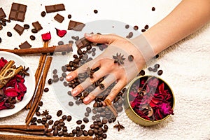 Spa composition with chocolate, coffee and hands