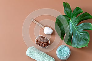 Spa composition on a colored background with a Monstera leaf