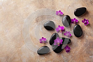 Spa composition with flowers and massage stone on brown background top view. Beauty treatment and relaxation concept. Flat lay