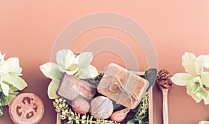 Spa composition with the items body care on colored background