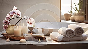 Spa composition in light colors with a carefully thought-out arrangement of bath bombs, brushes and towels. Added