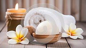 Spa composition massage herbal ball, plumeria flower in vase,coconut coffee soap,white towels and candle on white wood table