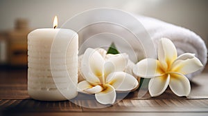 Spa composition massage herbal ball, plumeria flower in vase,coconut coffee soap,white towels and candle on white wood table