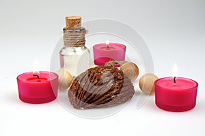Spa composition. scented candles, coffee beans, aromatic wooden balls