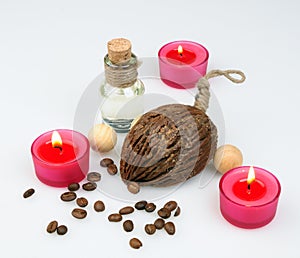 Spa composition. scented candles, coffee beans, aromatic wooden balls