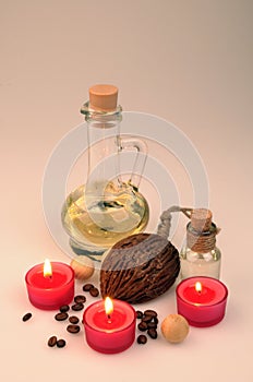 Spa composition. scented candles, coffee beans, aromatic wooden balls