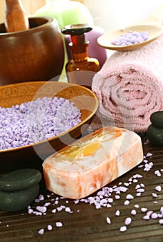 Spa composition of soap, bath salt, stones and tow