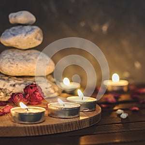 Spa composition-stones, candles, aromatherapy, dry flowers