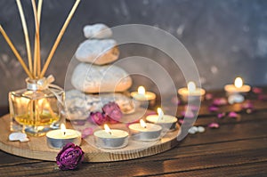 Spa composition-stones, candles, aromatherapy, dry flowers