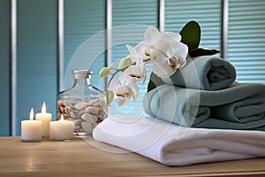 Spa composition with towels, candles and orchid flowers on wooden table. Relaxation bodycare, beauty and health concept.