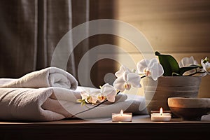 Spa composition with white orchids, candles and towels. Luxury photo, relaxation bodycare, beauty and health concept. Generative