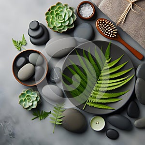 Spa composition with zen stones on grey background, top view