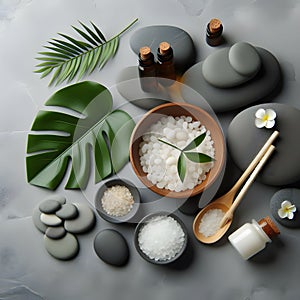 Spa composition with zen stones on grey background, top view