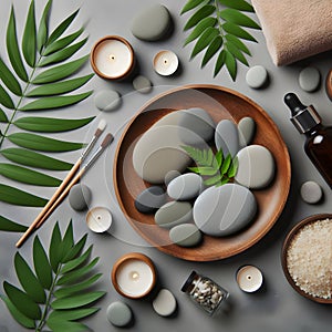 Spa composition with zen stones on grey background, top view