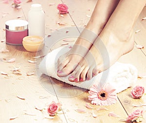 Spa compositions of female feet and rose petals