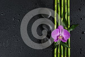 Spa concept with zen stones, orchid flower and bamboo