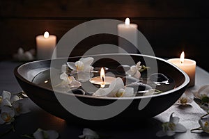 Spa concept. Bowl of water, floating flower petals, lit candles and stones