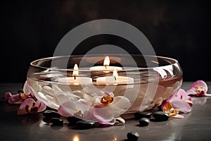 Spa concept. Bowl of water, floating flower petals, lit candles and stones