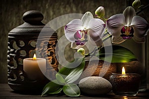 Spa concept, candles, towels, massage stones, soft light. Generated by AI technology