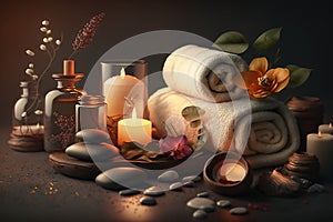 Spa concept, candles, towels, massage stones, soft light. Generated by AI technology