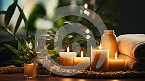 spa concept cozy atmosfear,soft candle blurred light,beautiful tropical flowers