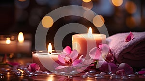 spa concept cozy atmosfear,soft candle blurred light, tropical flowers