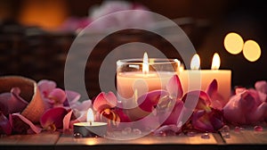 spa concept cozy atmosfear,soft candle blurred light, tropical flowers