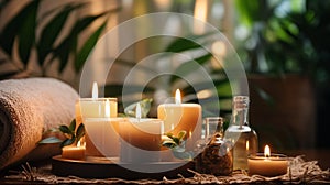 spa concept cozy atmosfear,soft candle blurred light, tropical flowers