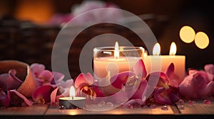spa concept cozy atmosfear,soft candle blurred light, tropical flowers photo