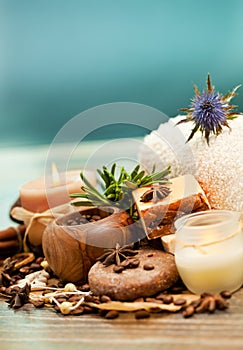 SPA concept: handmade soap with coffee beans, cinnamon and anise