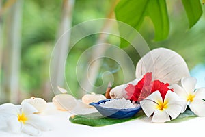 Spa concept herb salt plumeria flowers tropic leaf