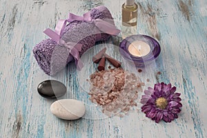 Spa concept. lavander oil flowers,candle, aromatic salt,