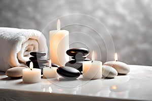 Spa concept, massage black stones with towels and candles.