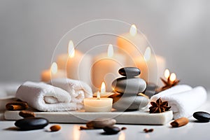 Spa concept, massage stones with towels and candles.