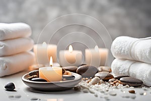 Spa concept, massage stones with towels and candles.