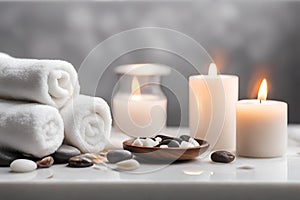 Spa concept, massage stones with towels and candles.