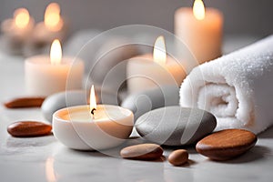 Spa concept, massage stones with towels and candles.