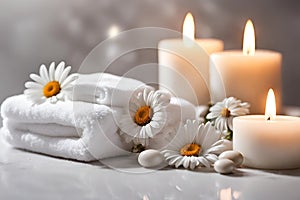 Spa concept, massage stones with towels, candles and daisy flowers.