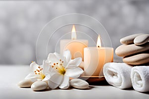 Spa concept, massage stones with towels, candles and flowers.