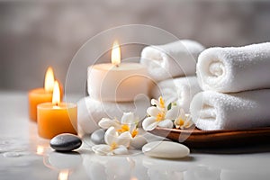 Spa concept, massage stones with towels, candles and flowers.