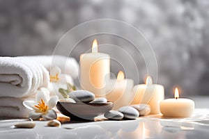 Spa concept, massage stones with towels, candles and flowers.