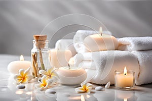 Spa concept, massage stones with towels, candles and frangipani flowers.