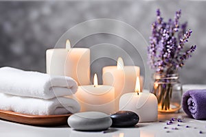 Spa concept, massage stones with towels, candles and lavender flowers.