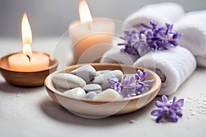 Spa concept, massage stones with towels, candles and lavender flowers.