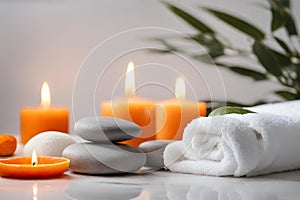 Spa concept, massage stones with towels, candles and leaves.