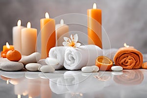 Spa concept, massage stones with towels, candles, orange and leaves.