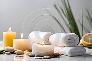 Spa concept, massage stones with towels, candles, orange and leaves.