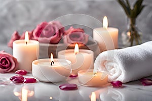 Spa concept, massage stones with towels, candles and pink roses.