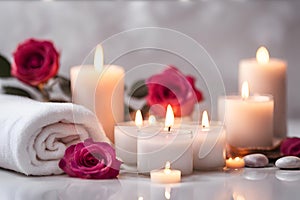 Spa concept, massage stones with towels, candles and pink roses.