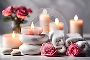 Spa concept, massage stones with towels, candles and pink roses.